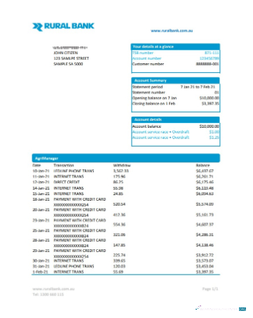Download Australia Rural Bank statement excel Photoshop template